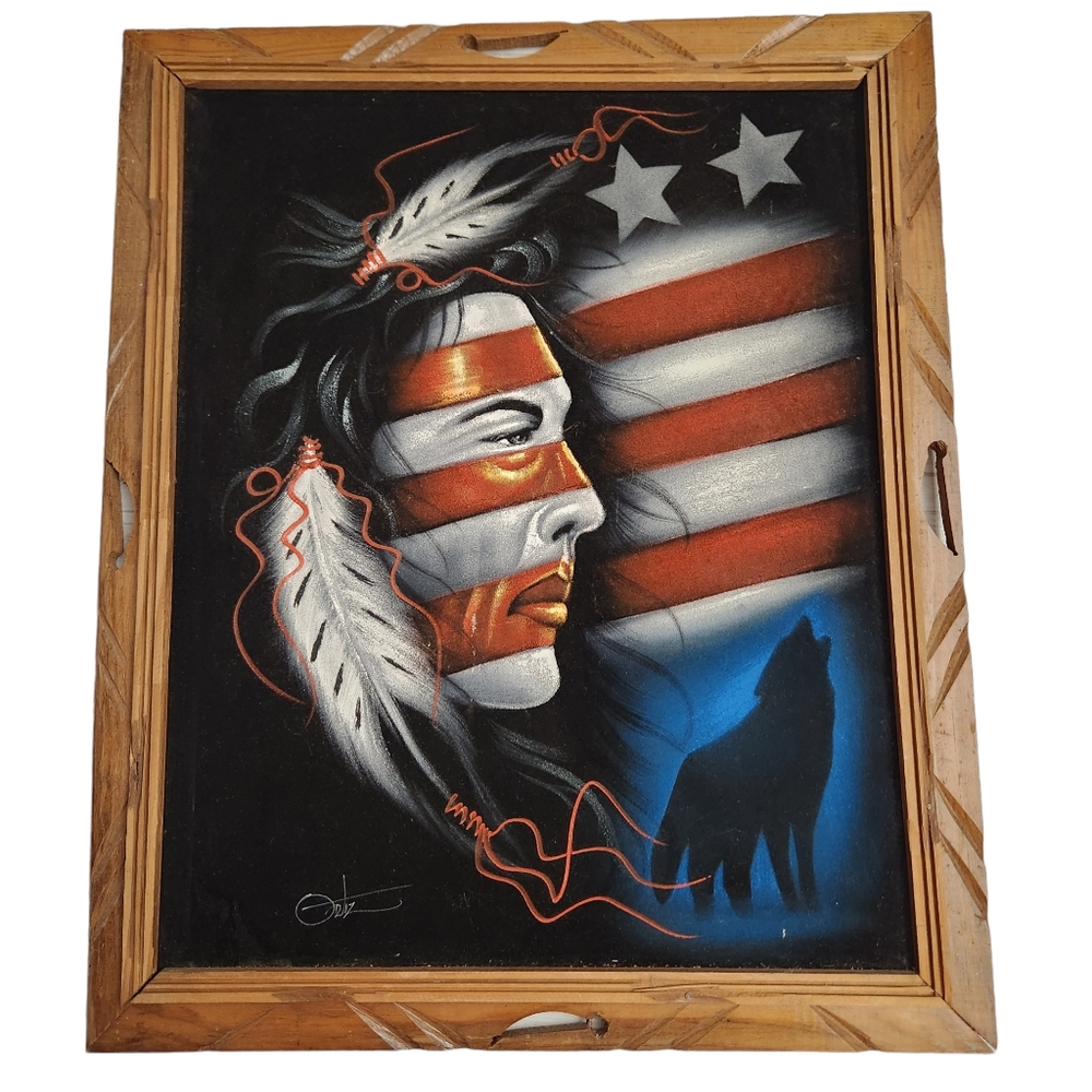 Vintage Ortiz Velvet Painting Native American Indian Warrior Brave American Flag